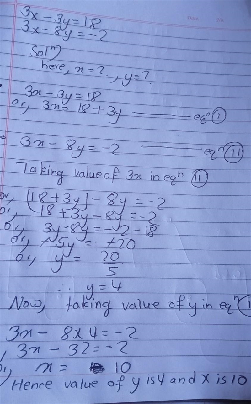 Find the solution of the system of equations. 3x-3y=18 3x−8y=−2-example-1