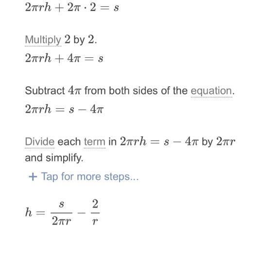 Marta is solving the equation S=2πrh+2π2 for h which should be the result-example-1