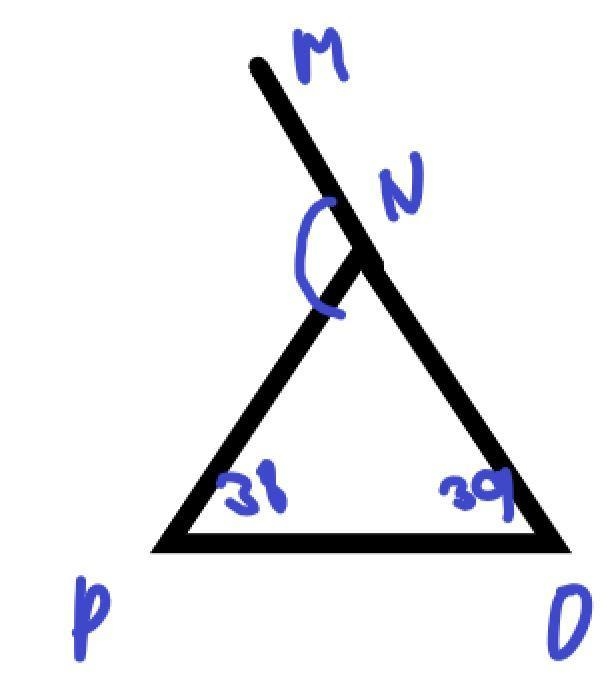 Triangle N P O is shown. Line O N extends through point M to form exterior angle P-example-1