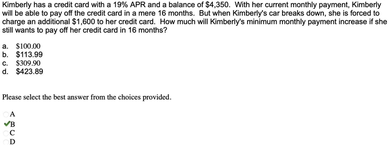 Kimberly has a credit card with a 19% APR and a balance of $4,350. With her current-example-1