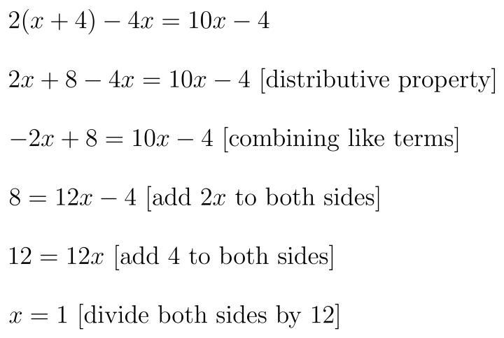 What is the value of x in the equation shown Below?2(x+4)-4x=10x-4-example-1