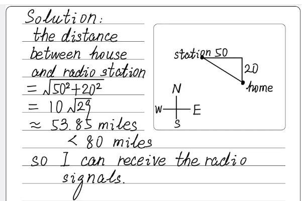 The signals of a radio station can be received up to 80 miles away. Your house is-example-1