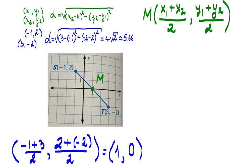 Distance formula find the length of the segment. Then find the coordinate of the midpoint-example-1