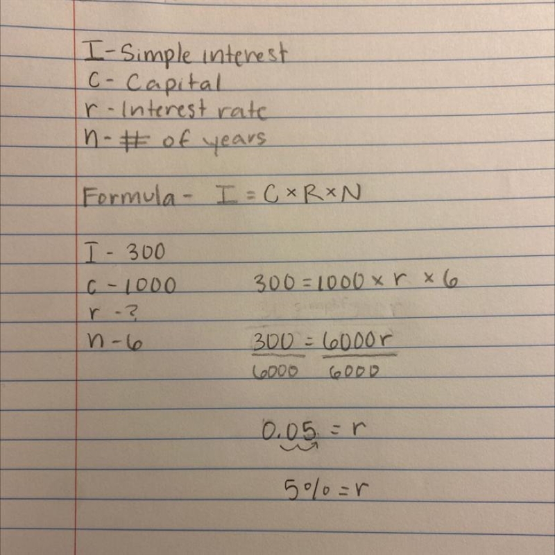 If the simple interest on $1,000 for 6 years is $300, then what is the interest rate-example-1