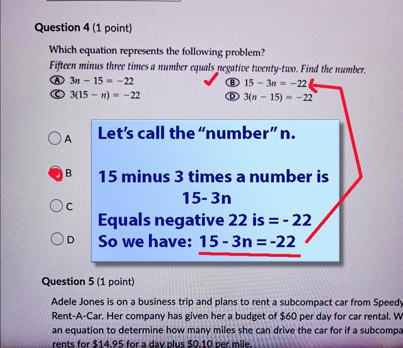 Which equation represents the following problem? Fifteen minus three times a number-example-1