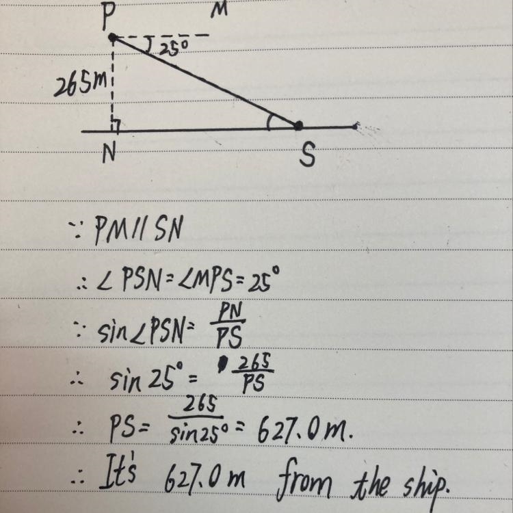 From a plane flying due east at 265m above above sea level, the angle of depression-example-1