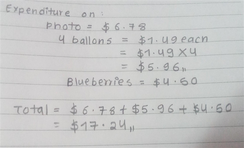 For her mother's birthday, Eva spends $6.78 on a photo. She also buys 4 balloons for-example-1