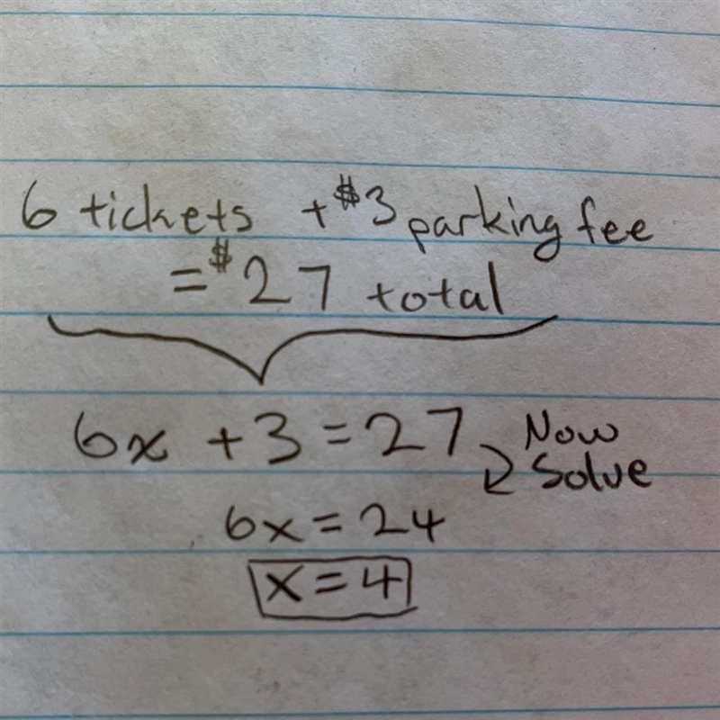 1) A family buys 6 tickets to a show. They also pay a $3 parking fee. They spend $27 to-example-1