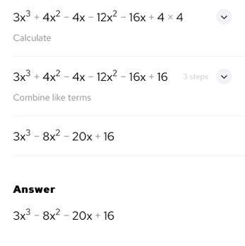 Simplify the expression to a polynomial in standard form: (x – 4)(3x² + 4x – 4)-example-1