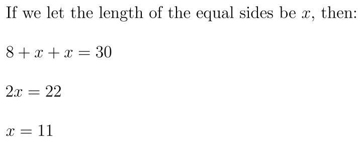 The distance around a triangle is 30 centimeters. if two sides are equal and the length-example-1