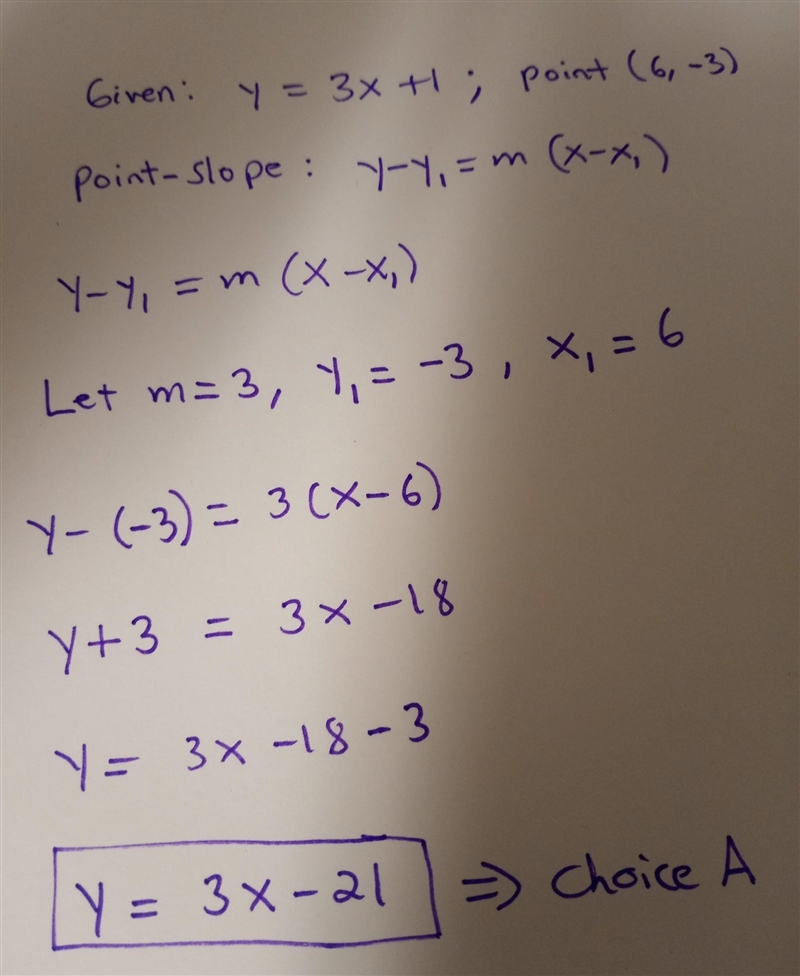 Which equation represents a line that passes through the point (6,−3) and is parallel-example-1