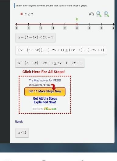 Which graph shows the solution to the inequality? x − (5 − 3x) ≤ 2x − 1-example-1