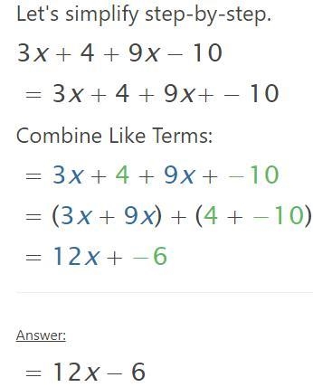 What is the sum of (3x + 4) + (9x – 10)?-example-1