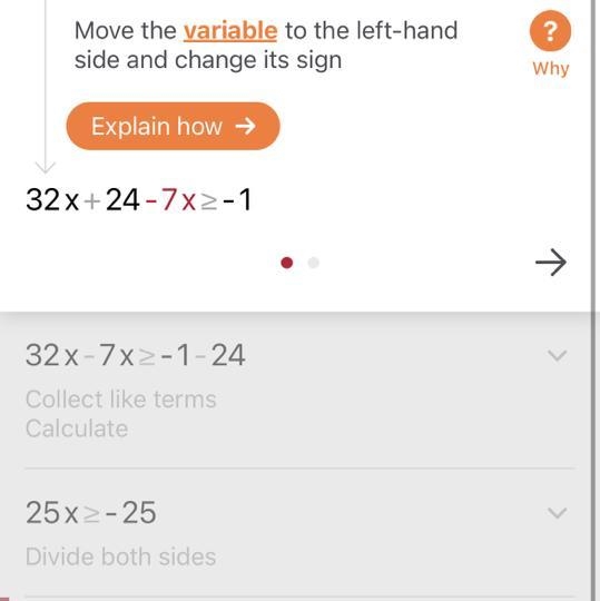 How do I solve 8(4x+3) ≥ −1+7x-example-1