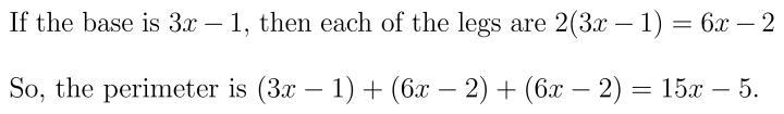 The base of an isosceles triangle is represented by the expression 3x - 1. Each of-example-1