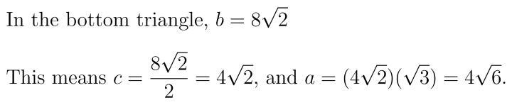 A С b 60° 45° Find a, b, and c.-example-1