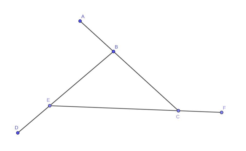 Triangle E B C is shown with its exterior angles. Line E C extends through point F-example-1