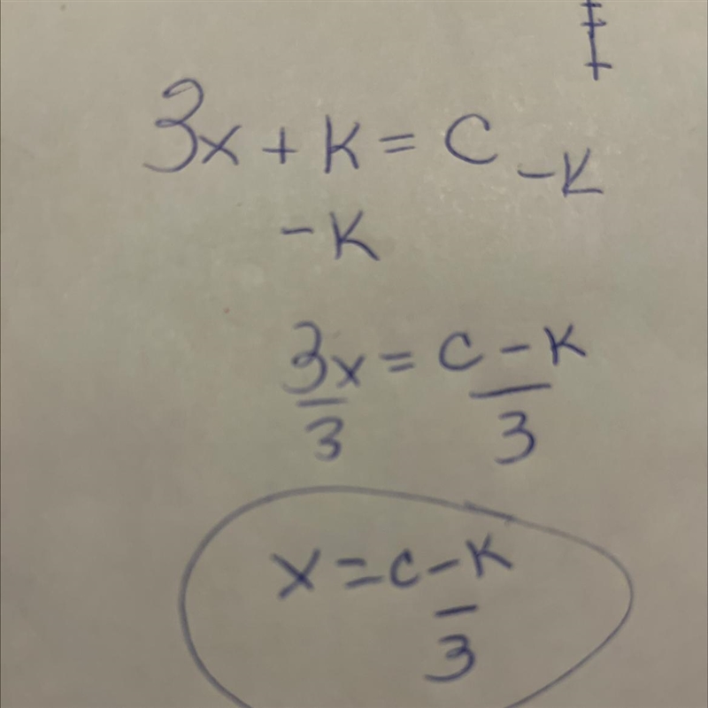 Solve 3x + k = c for x?-example-1