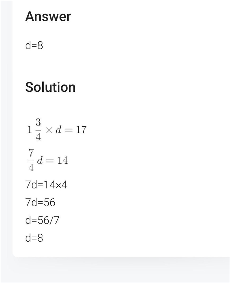 What is the value of d in the equation? 1 and three-fourths d = 14-example-1