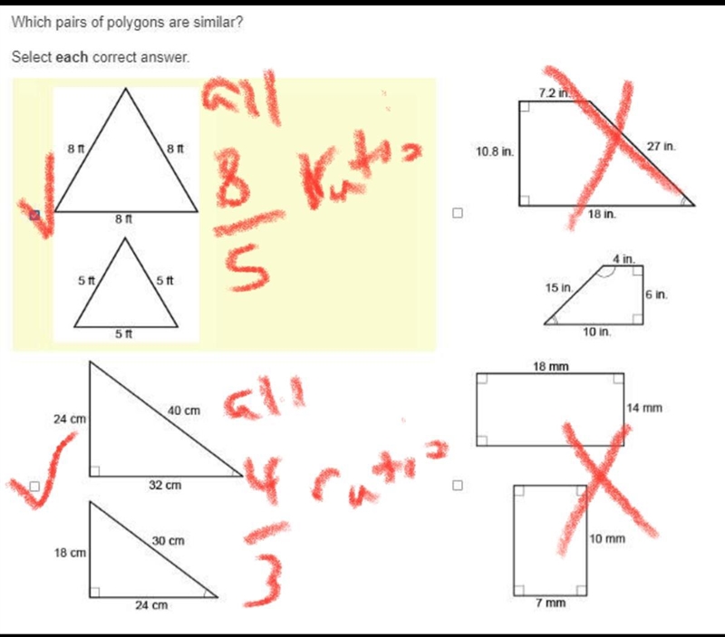 Which pairs of polygons are similar? Select each correct answer.-example-1