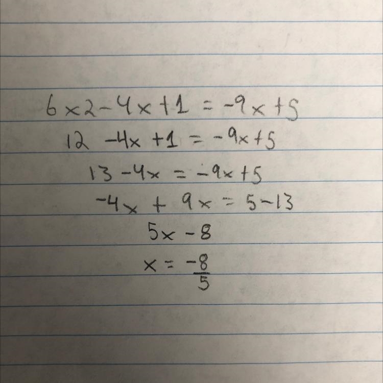 Solve the quadratic by factoring. 6x2 - 4x + 1 = -9x + 5-example-1