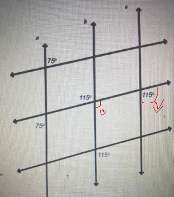 Select which pair of lines can be proven parallel by using the given angle measures-example-1