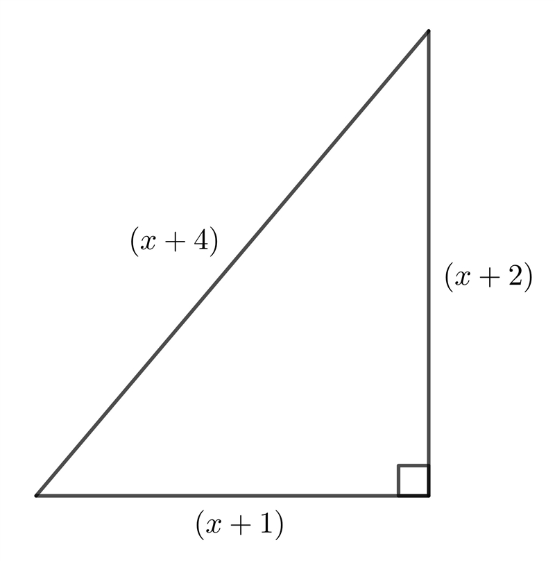 The sides of a right angled triangle has sides (x+1)cm, (x+2)cm and (x+4) cm. i) Find-example-1