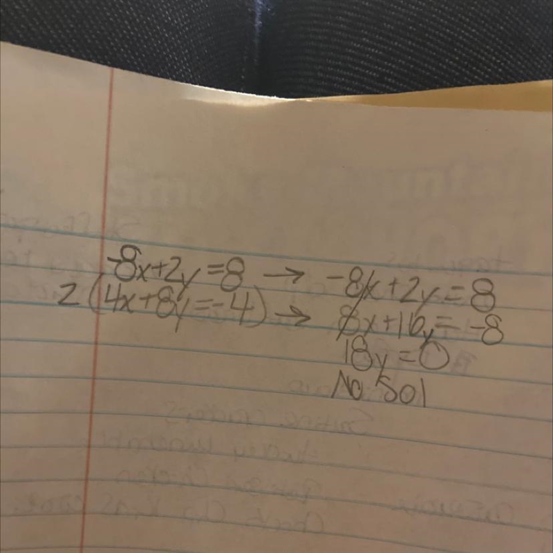 Solve using the method of elimination , determine if the system has 1 solution, no-example-1