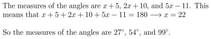 In a triangle, one angle is five more than a number, The second angle is twice the-example-1