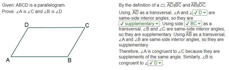 Given: ABCD is a parallelogram. Prove: ∠A ≅ ∠C and ∠B ≅ ∠D Parallelogram A B C D is-example-1