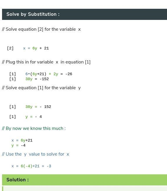 Some one help i need this solved by substitution 6x+2y=-26 x-6y=21 please show explanation-example-2