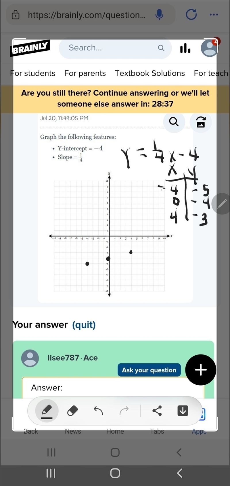 Y-intercept = -4 Slope = 1/4 Please help i need this-example-1