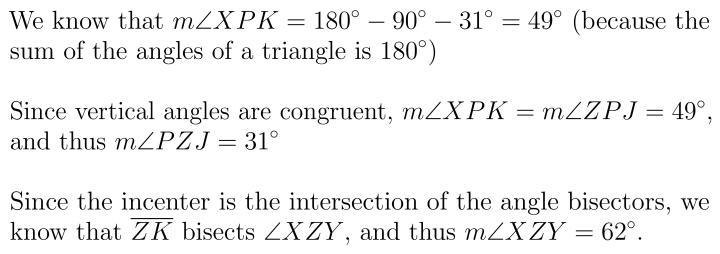 6. Using the incenter P, find the measure of Angle XZY-example-1