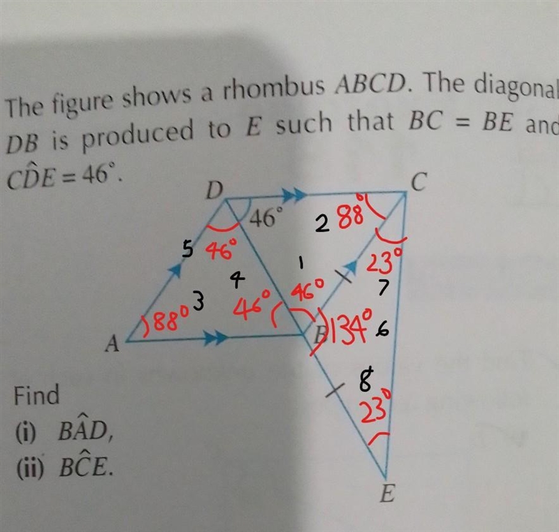 The figure shows a rhombus ABCD. The diagonal DB is produced to E such that BC = BE-example-1