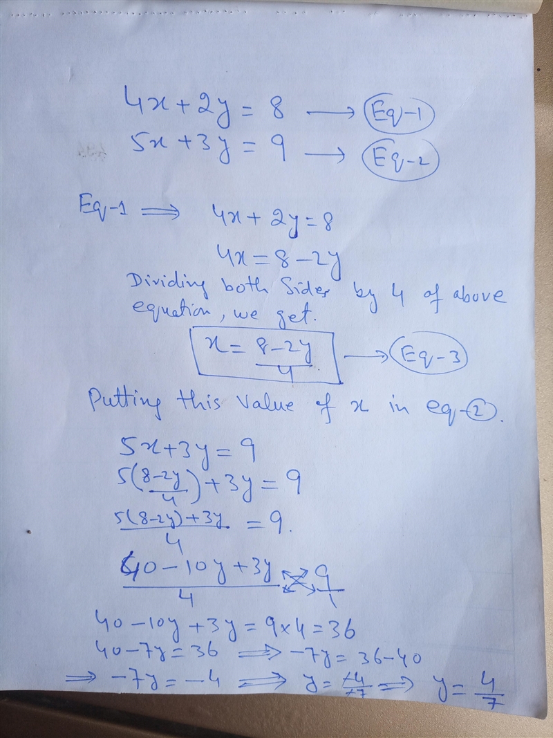 Solve the system of algebraic equations: (4x+2y = 8 15x+3y = 9-example-1