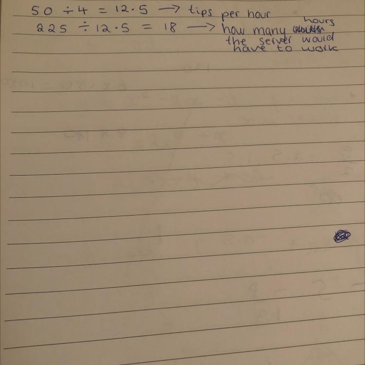 A restaurant server averages $50 in tips for a 4 hour shift. At this rate, how many-example-1