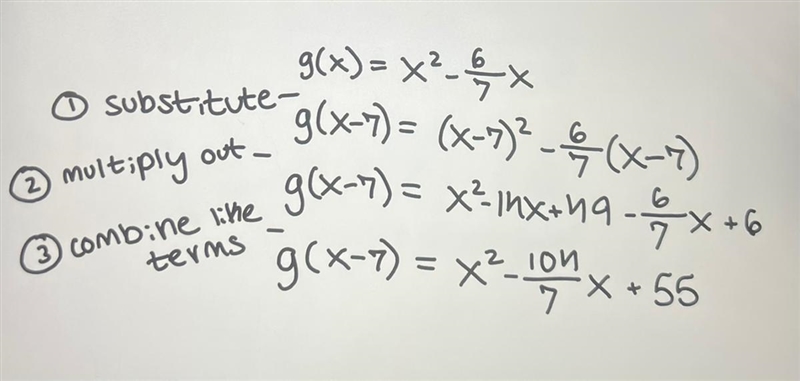 Evaluate g(x-7) if g(x)=x^2-6/7x-example-1