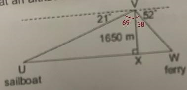 For a small plane, v , the angle of depression of a sailboat is 21 degrees. The angle-example-1