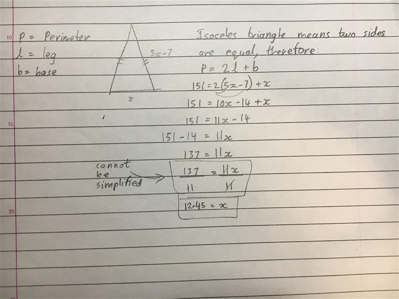 The length of the base of an isosceles triangle is x. The length of a leg is 5x - 7. The-example-1