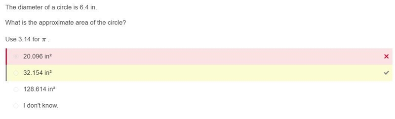 The diameter of a circle is 6.4 in. What is the approximate area of the circle? Use-example-1