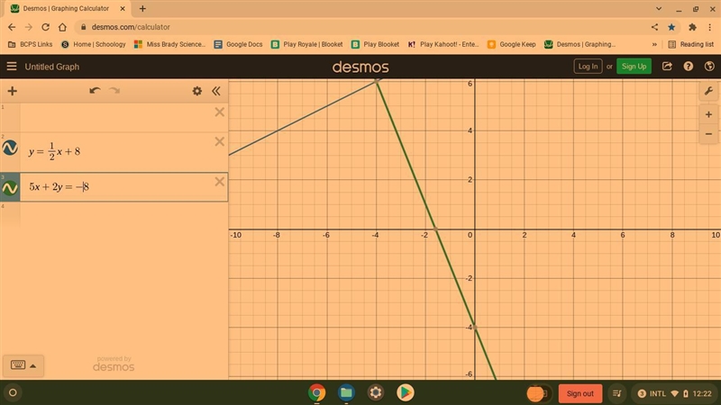 Graph it y=1/2x+8\\5x+2y=-8[/tex]-example-2