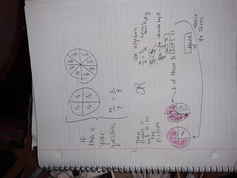 theres 1 circle split into 4 parts 1/4 in each and another circle with 8 parts and-example-1