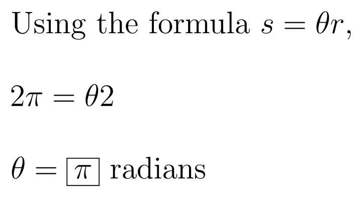 The radius of a circle is 2 kilometers. What is the measure, in radians, of the angle-example-1