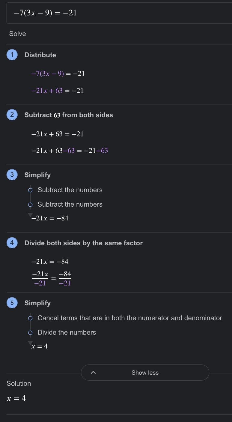 -7(3x-9)=-21 solving for x please help-example-1