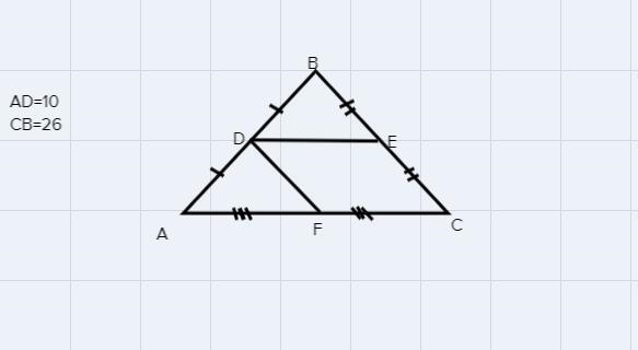 1 point Two midsegments of A ABC are DE and DF. B. A and the length of DF ist The-example-1