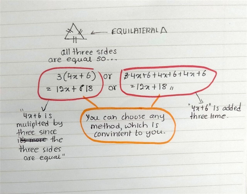 19) If each side of an equilateral triangle is 4x+6 long, what is the perimeter of-example-1