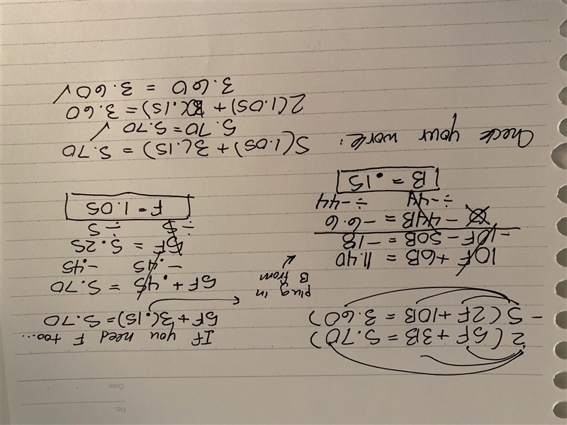 5F+3B=5.70 2F + 10B = 3.60-example-1