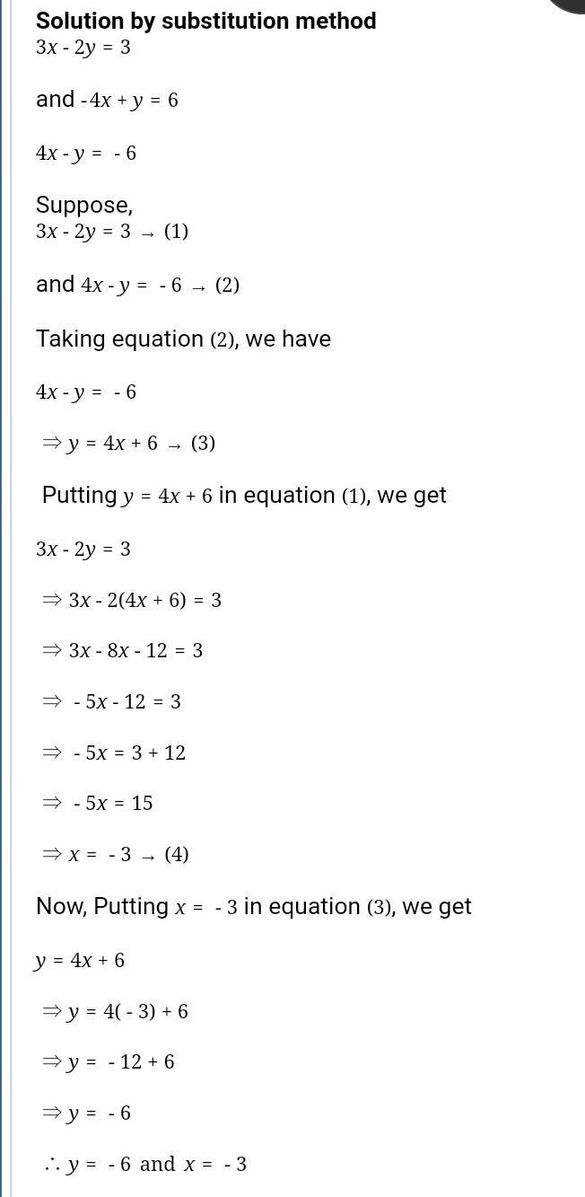 Solve the system of equations using substitution 3x – 2y = 3 –4x + y = 6 (X,Y)= (? ,?)-example-1