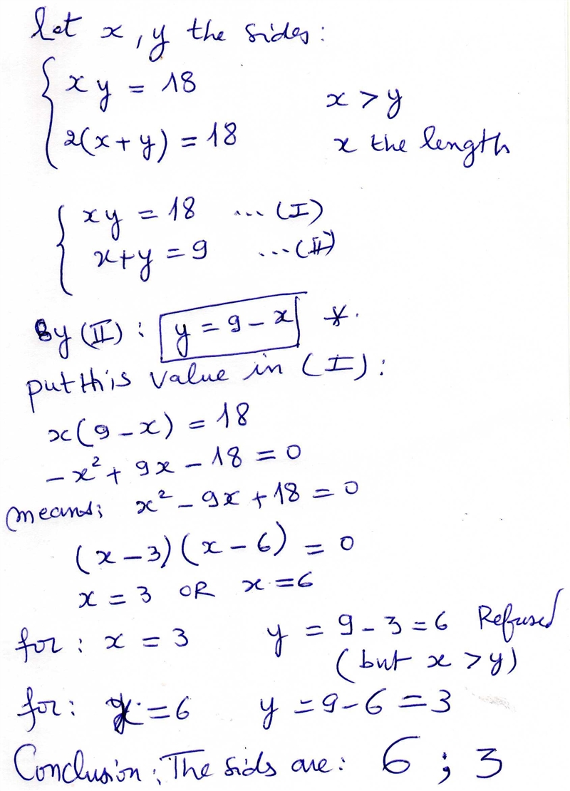 A rectangle’s area is 18 m2 it perimeter is 18 m one side is-example-1