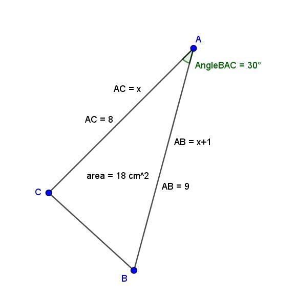 (6) In a triangle ABC ,AB = (x +1) cm, AC = x cm and angle BAC =30°. If the area of-example-1